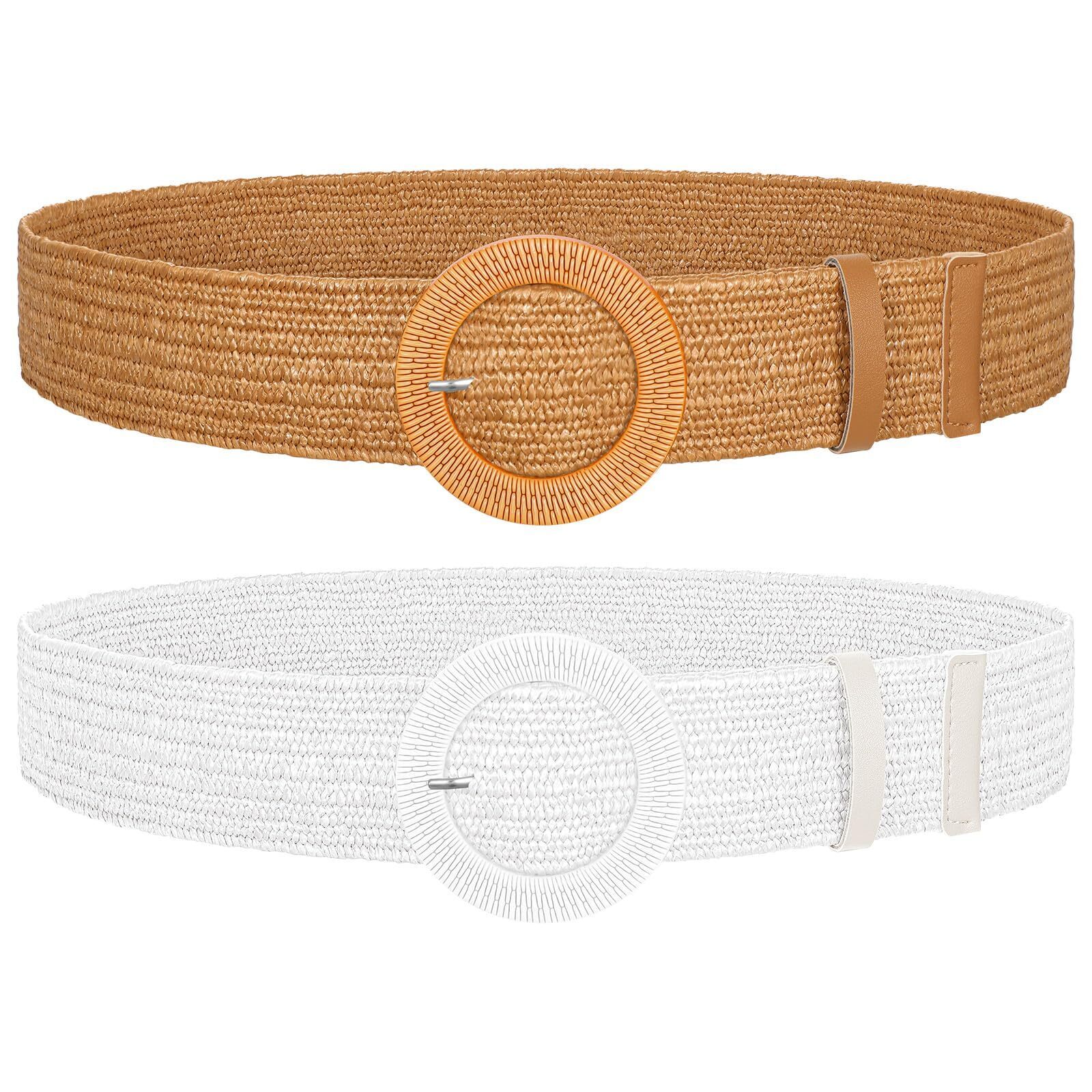6479 2 Pack Straw Woven Elastic Belt Braided Stretch Wide Boho Rattan Waist